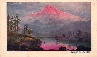 This postcard image of sunset over Mount Hood bears a copyright date of 1904. On the back, the card reads, "Compliments of the New York Sunday American and Journal."