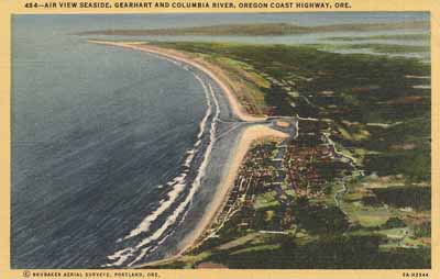 A postcard image of the mouth of the Columbia, an aerial view looking north past Seaside
