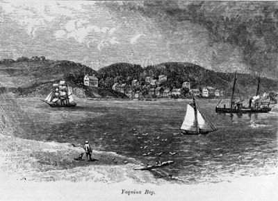 Lithograph image of Yaquina Bay as it looked in 1875.