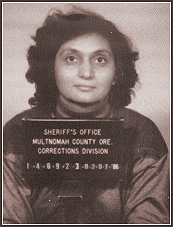 Ma Anand Sheela's mugshot from her booking