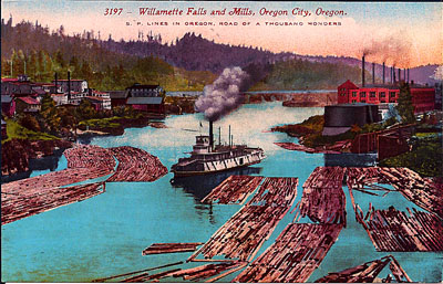 Willamette Falls and the Oregon City mills circa 1905, with sternwheeler and log rafts Willamette Falls and the Oregon City mills circa 1905, with sternwheeler and log rafts