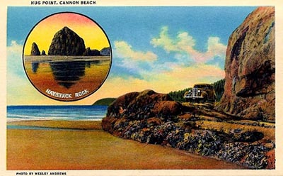 Postcard image of 1930s car crossing Hug Point Road