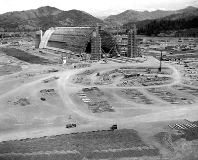 The blimp hangar under construction in summer 1943.